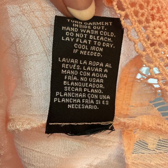 Zac & Rachel Peach Crochet Trim Semi Sheer Boho/Peasant Top Sz M - Picture 7 of 8
